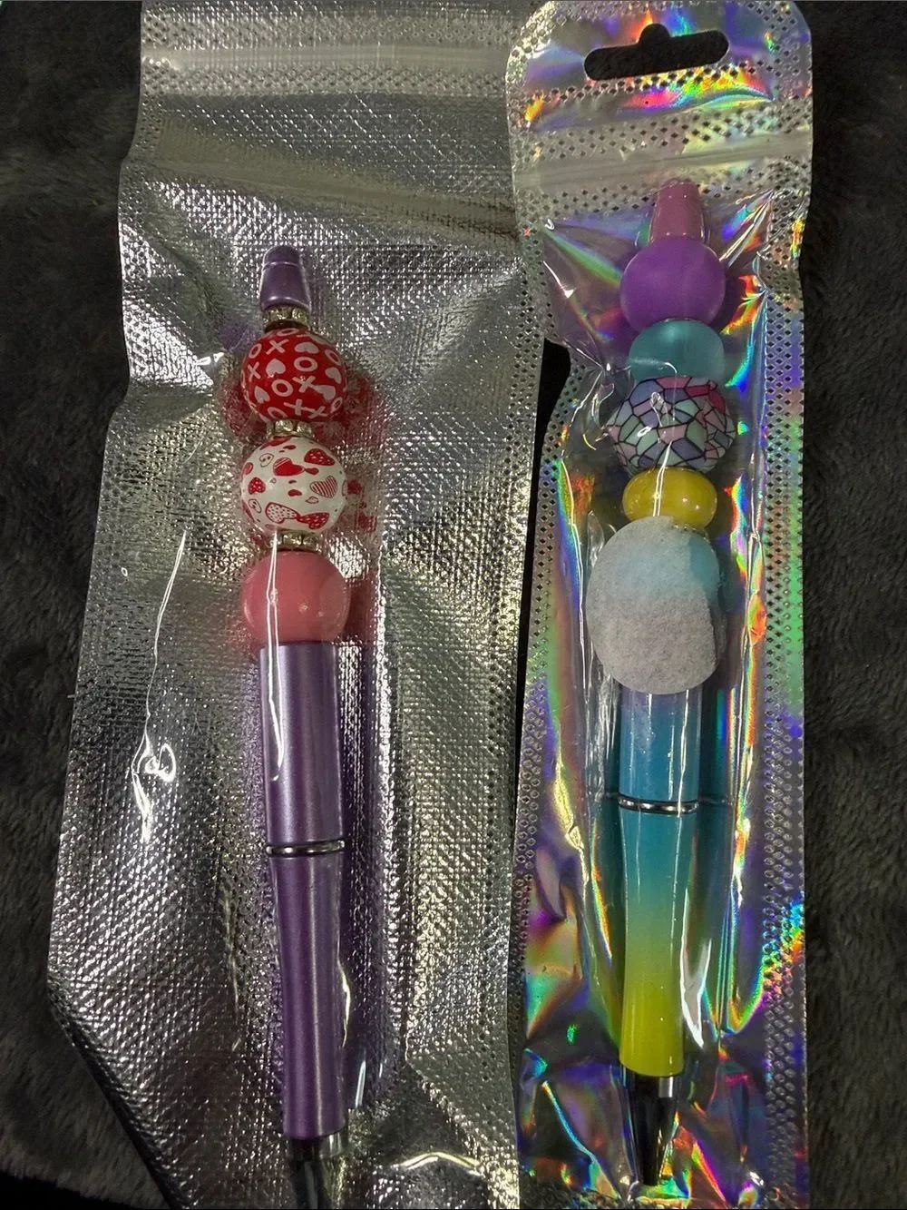 Purple Beaded Lipstick Pen with Heart Print Beads